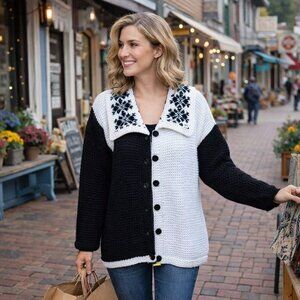 Hand Crafted Knit Cardigan Color Block Chunky Sweater Winter Plus Size Essential
